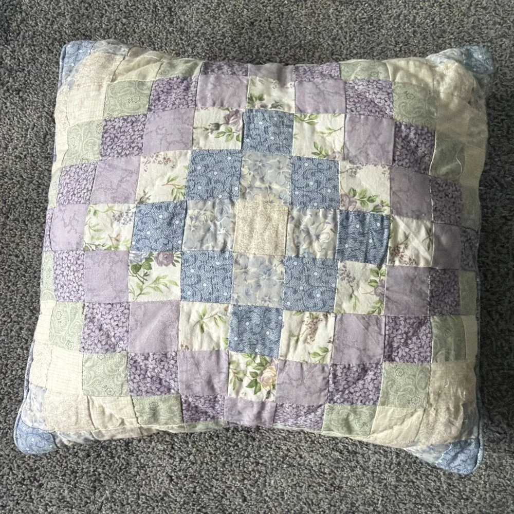 Vtg Cottagecore Patchwork Quilted Pillow Purple, Blue Floral 16
